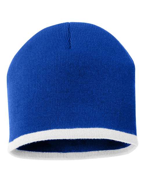 8" Bottom-Striped Beanie - Royal/ White Front