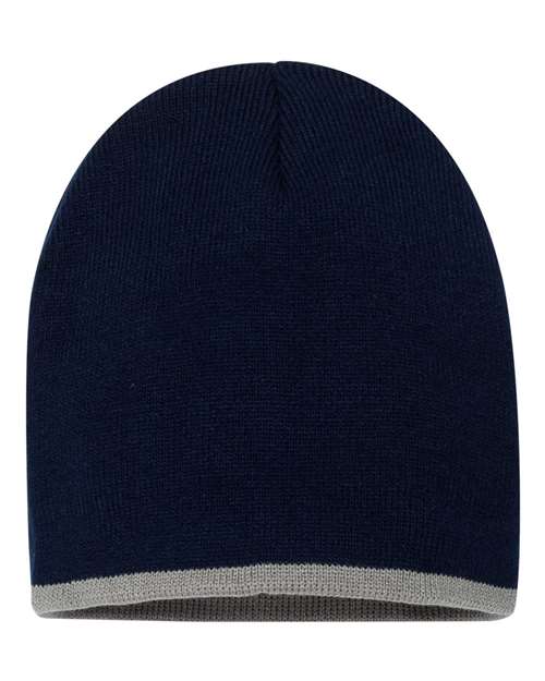 8" Bottom-Striped Beanie - Navy/ Grey Back