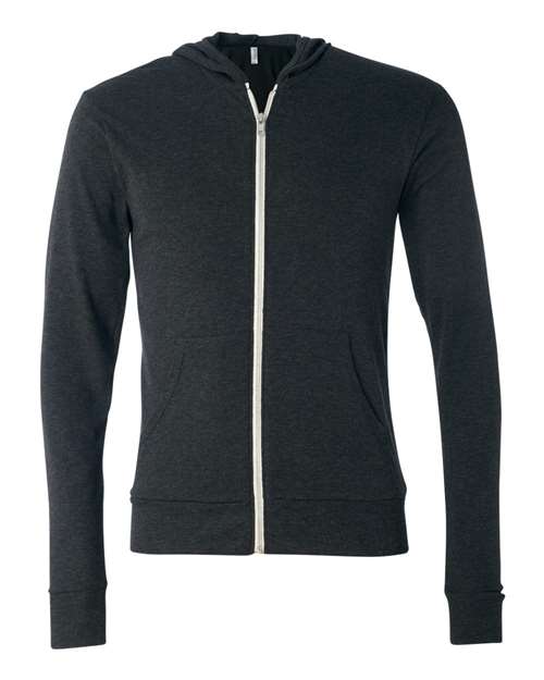 Unisex Triblend Lightweight Full-Zip Hooded Long Sleeve Tee - Charcoal Black Triblend Front