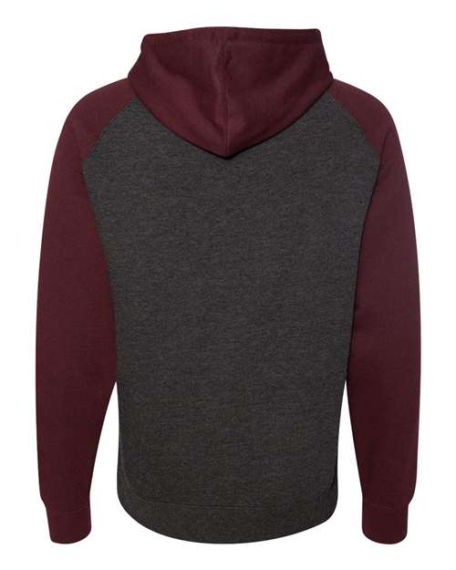 Unisex Raglan Hooded Sweatshirt - Charcoal Heather/ Burgundy Heather Back