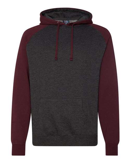 Unisex Raglan Hooded Sweatshirt - Charcoal Heather/ Burgundy Heather Front