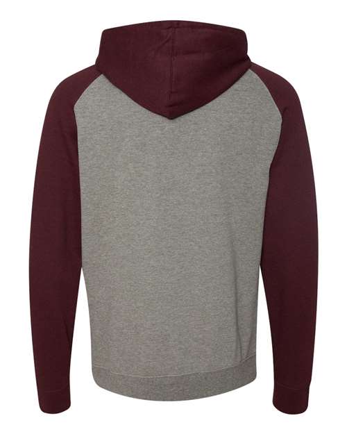 Unisex Raglan Hooded Sweatshirt - Gunmetal Heather/ Burgundy Heather Back