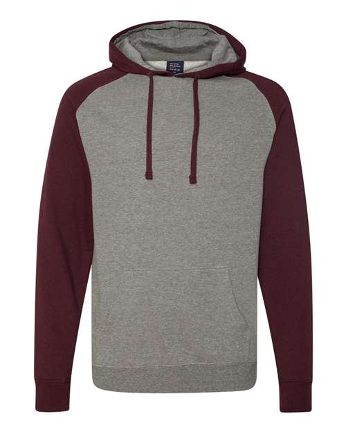 Unisex Raglan Hooded Sweatshirt - Gunmetal Heather/ Burgundy Heather Front