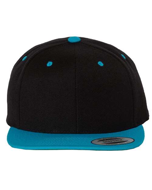 Premium Flat Bill Snapback Cap - Black/ Teal Front