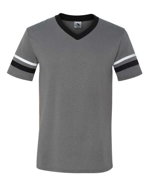 V-Neck Jersey with Striped Sleeves - Graphite/ Black/ White Front