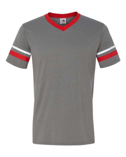 V-Neck Jersey with Striped Sleeves - Graphite/ Red/ White Front