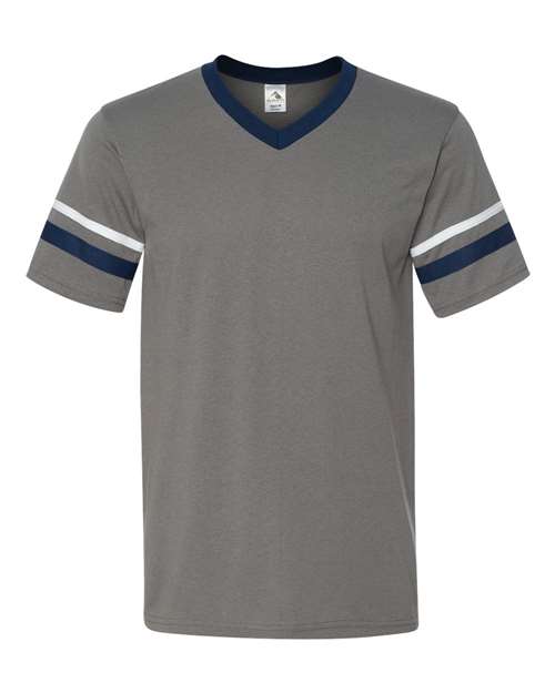 V-Neck Jersey with Striped Sleeves - Graphite/ Navy/ White Front