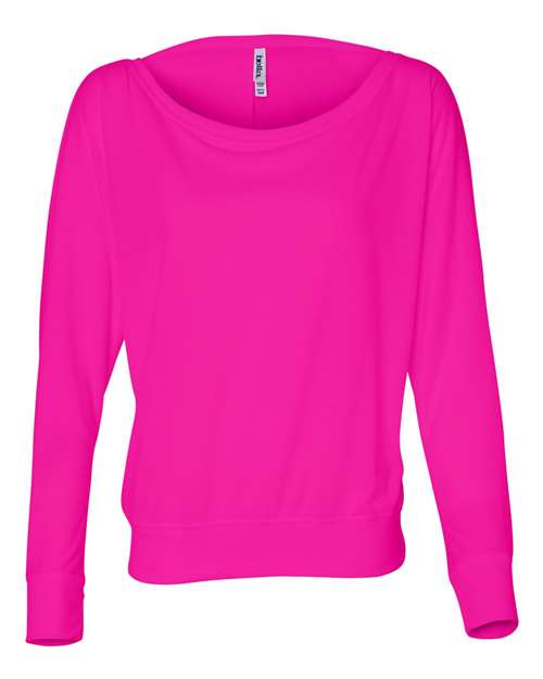Women’s Flowy Off Shoulder Long Sleeve Tee - Neon Pink Front