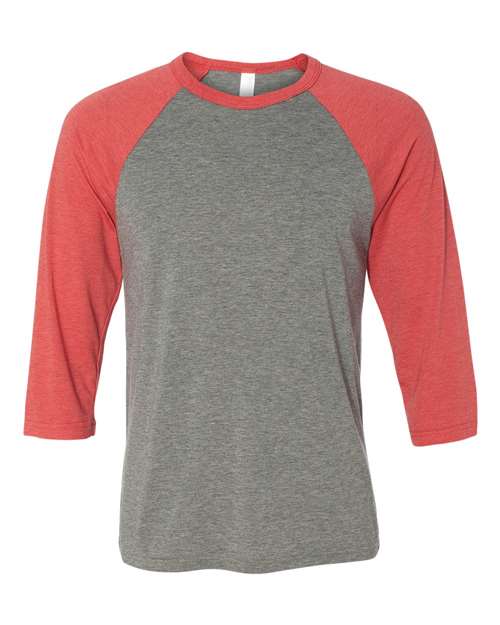 Unisex Three-Quarter Sleeve Baseball Tee - Grey/ Red Triblend Front