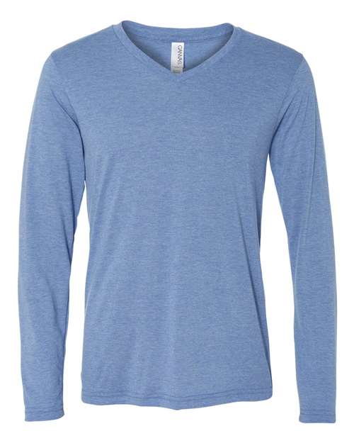 Unisex Long Sleeve V-Neck Tee - Blue Triblend Front