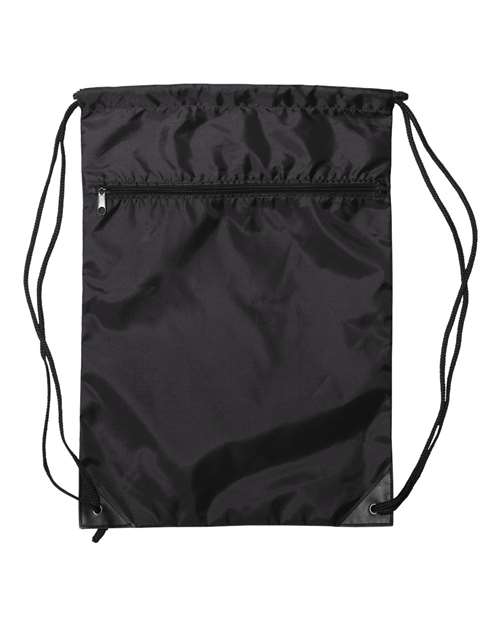Zippered Drawstring Backpack - Black Front