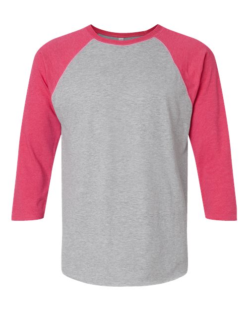 Men's Baseball Fine Jersey Three-Quarter Sleeve Tee - Vintage Heather/ Vintage Hot Pink Front