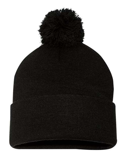 12" Pom-Pom Cuffed Beanie - Black Back