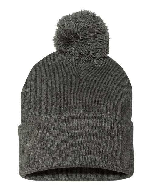 12" Pom-Pom Cuffed Beanie - Dark Heather Grey Front
