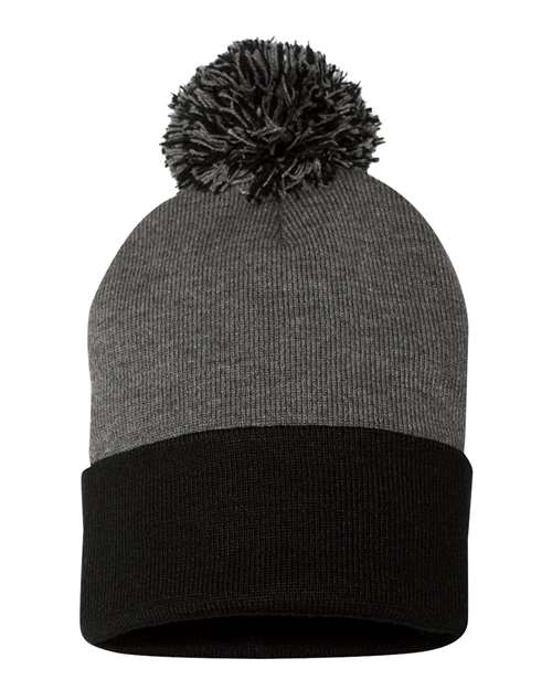 12" Pom-Pom Cuffed Beanie - Dark Heather Grey/ Black Back