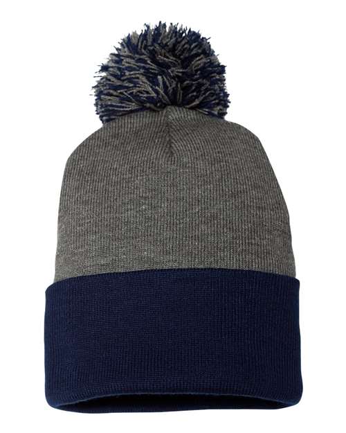 12" Pom-Pom Cuffed Beanie - Dark Heather Grey/ Navy Back
