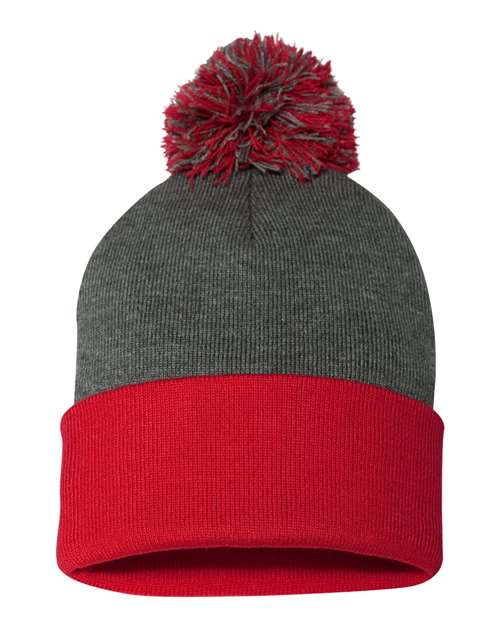 12" Pom-Pom Cuffed Beanie - Dark Heather Grey/ Red Back