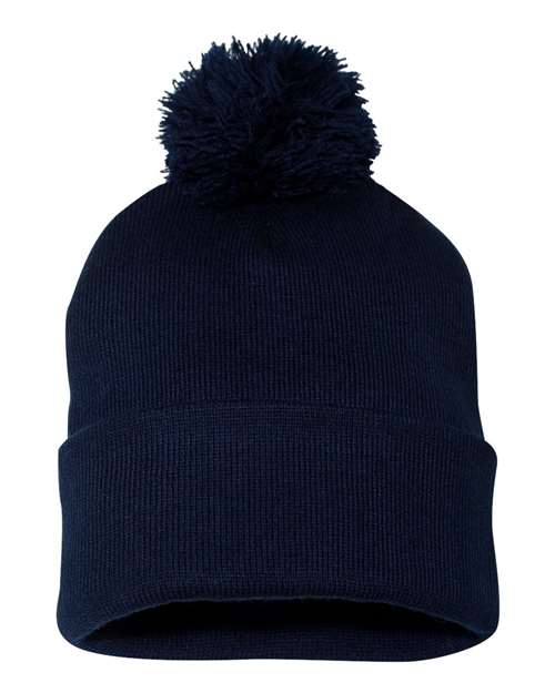 12" Pom-Pom Cuffed Beanie - Navy Back