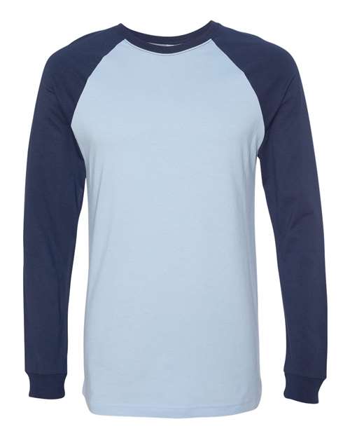 Men's Long Sleeve Jersey Baseball Tee - Baby Blue/ Navy Front