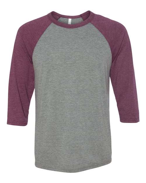 Unisex Three-Quarter Sleeve Baseball Tee - Grey/ Maroon Triblend Front
