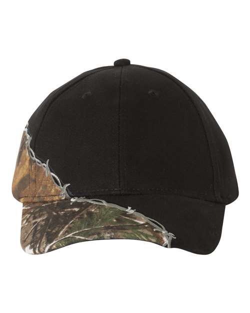 Licensed Camo with Barbed Wire Embroidery Cap - Black/ Realtree AP Front