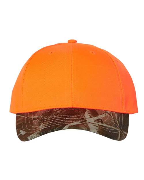 Solid Crown with Camo Bill Cap - Blaze/ Realtree Hardwoods Front