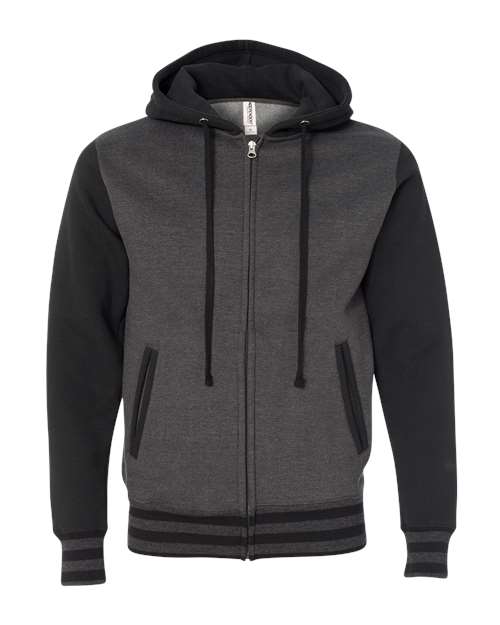 Unisex Heavyweight Varsity Full-Zip Hooded Sweatshirt - Charcoal Heather/ Black Front
