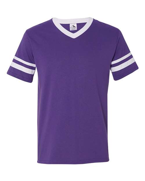 V-Neck Jersey with Striped Sleeves - Purple/ White Front