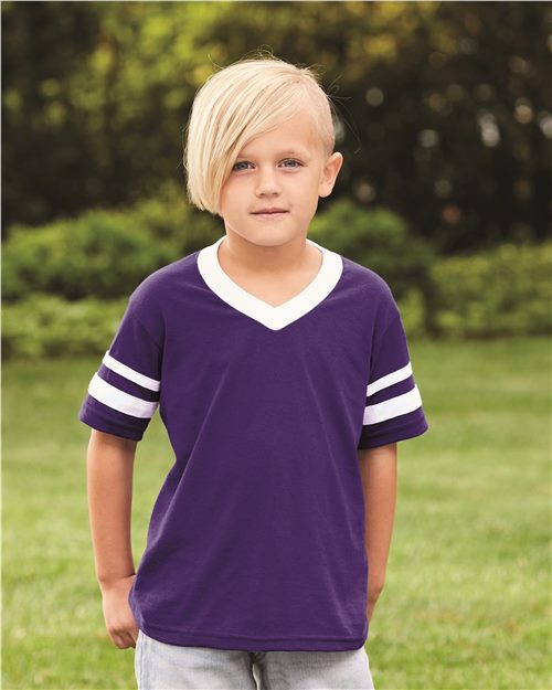 Youth V-Neck Jersey with Striped Sleeves - Light Lavender/ White Front