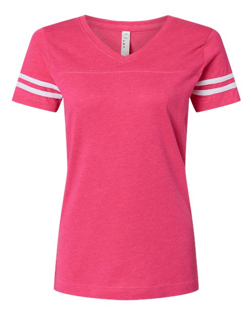 Women's Football V-Neck Fine Jersey Tee - Vintage Hot Pink/ White Front