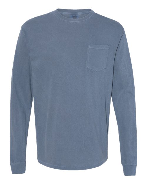 Unisex Garment-Dyed Heavyweight Long Sleeve Pocket T-Shirt - Blue Jean Front
