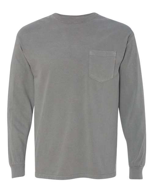 Unisex Garment-Dyed Heavyweight Long Sleeve Pocket T-Shirt - Grey Front