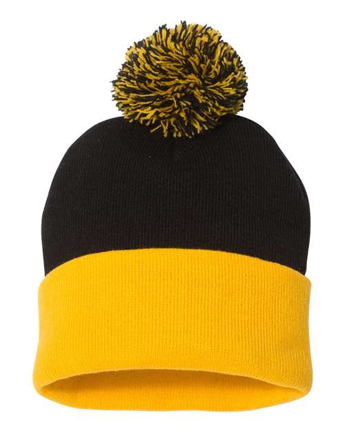 12" Pom-Pom Cuffed Beanie - Black/ Gold Front