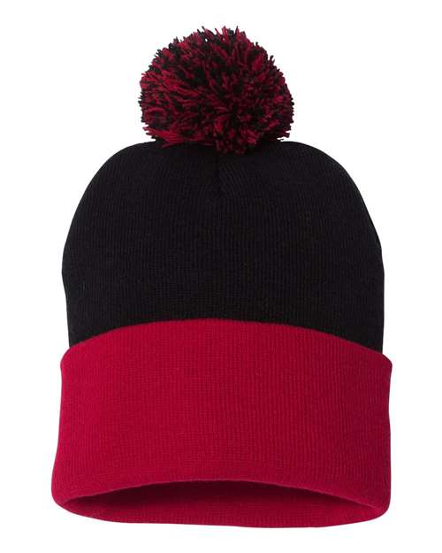12" Pom-Pom Cuffed Beanie - Black/ Red Back