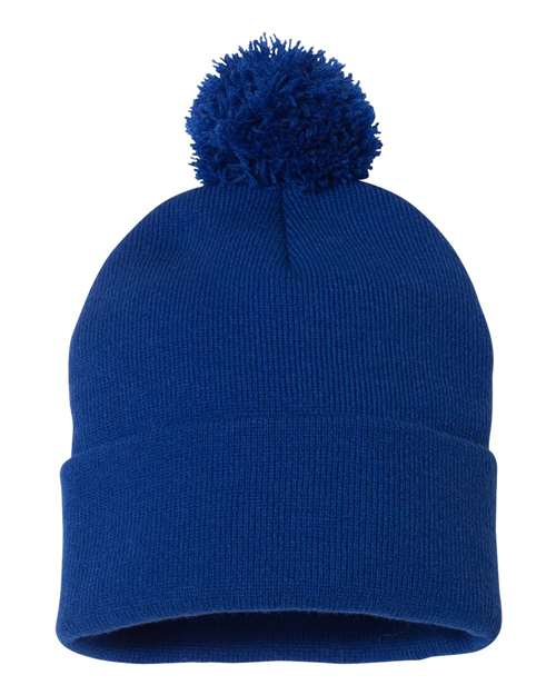 12" Pom-Pom Cuffed Beanie - Royal Blue Back