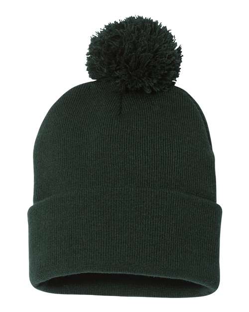 12" Pom-Pom Cuffed Beanie - Forest Back