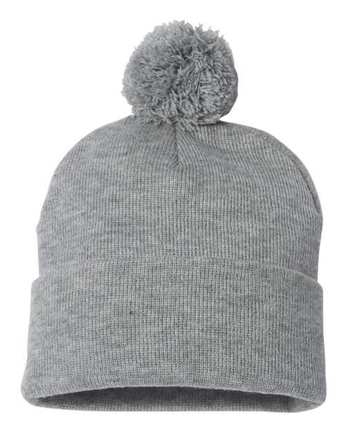 12" Pom-Pom Cuffed Beanie - Light Heather Grey Back