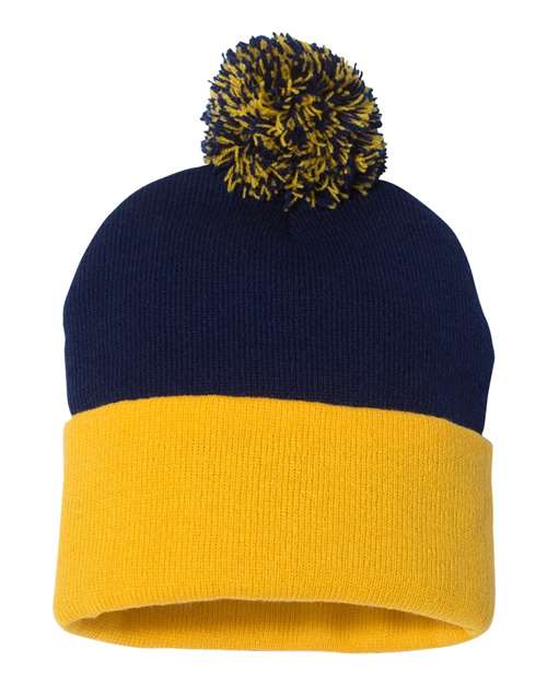 12" Pom-Pom Cuffed Beanie - Navy/ Gold Back