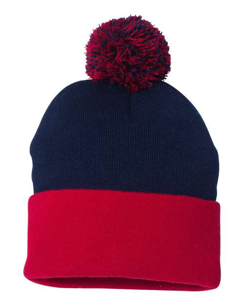 12" Pom-Pom Cuffed Beanie - Navy/ Red Front