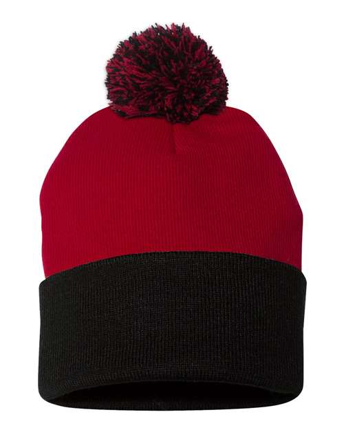 12" Pom-Pom Cuffed Beanie - Red/ Black Back
