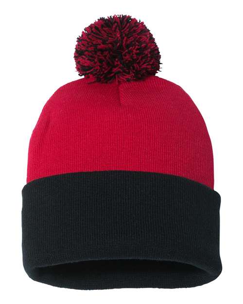 12" Pom-Pom Cuffed Beanie - Red/ Black Front