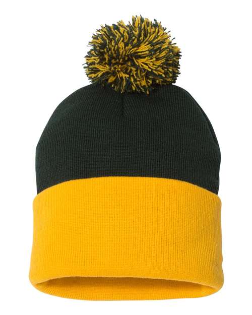 12" Pom-Pom Cuffed Beanie - Forest/ Gold Front