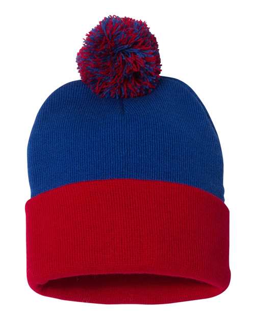 12" Pom-Pom Cuffed Beanie - Royal/ Red Front