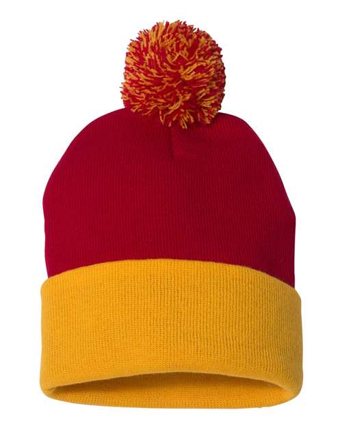 12" Pom-Pom Cuffed Beanie - Red/ Gold Front