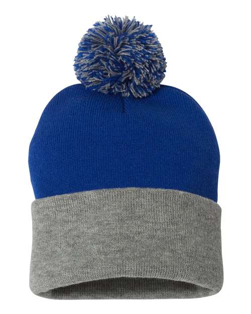 12" Pom-Pom Cuffed Beanie - Royal/ Light Heather Grey Front