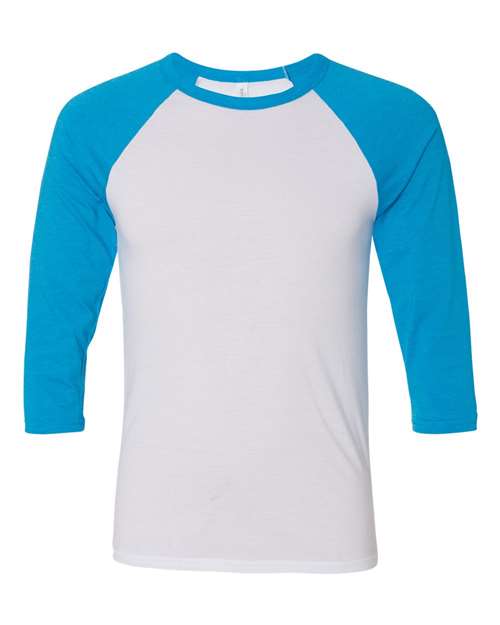 Unisex Three-Quarter Sleeve Baseball Tee - White/ Neon Blue Front