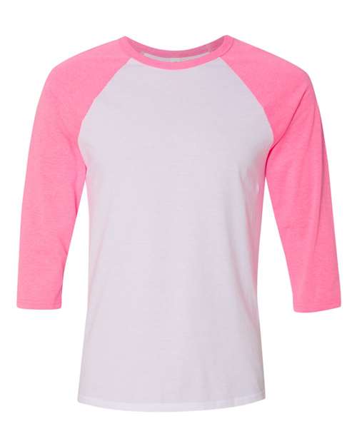 Unisex Three-Quarter Sleeve Baseball Tee - White/ Neon Pink Front