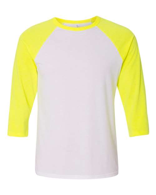Unisex Three-Quarter Sleeve Baseball Tee - White/ Neon Yellow Front