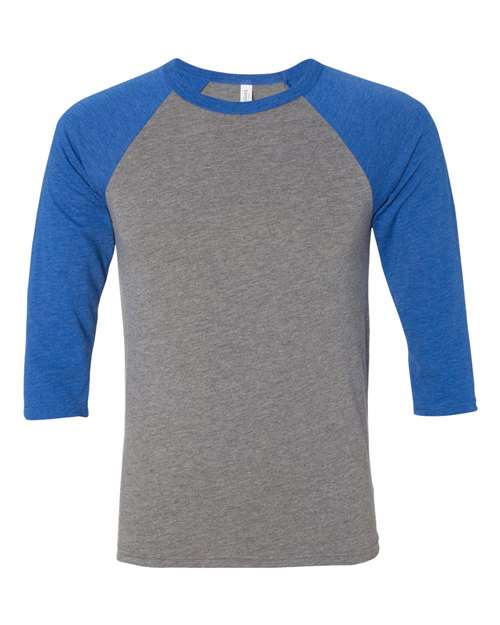 Unisex Three-Quarter Sleeve Baseball Tee - Grey/ True Royal Triblend Front