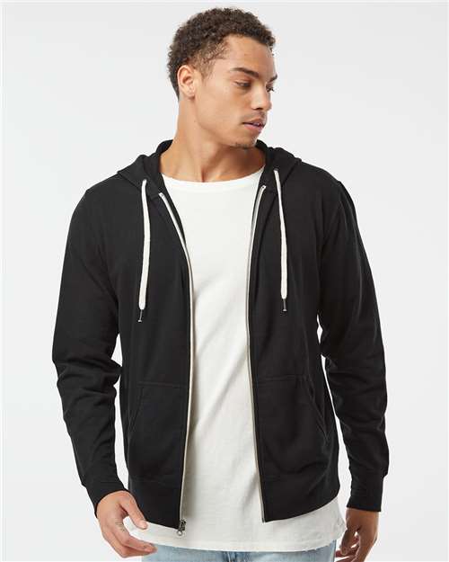 Independent Trading Co. Unisex Heathered French Terry Full-Zip Hooded Sweatshirt - Model Front